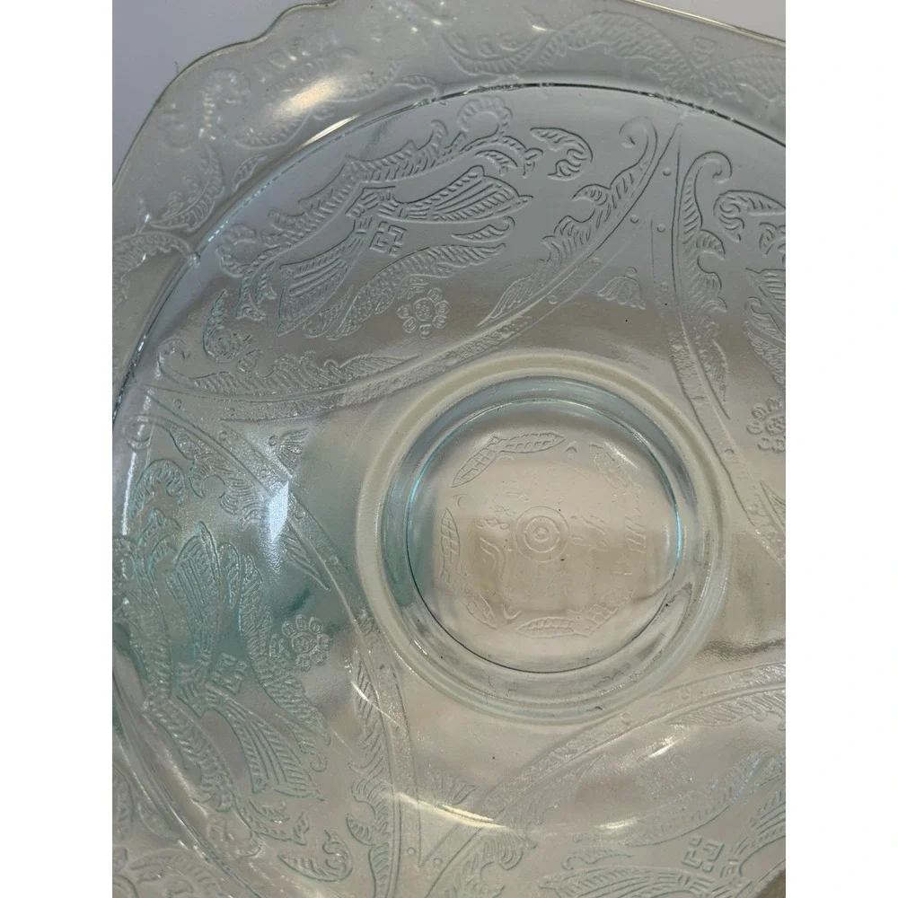 Vintage Aqua Teal Pressed Glass Square Bowl Floral Scroll Pattern Set Of 2 7in